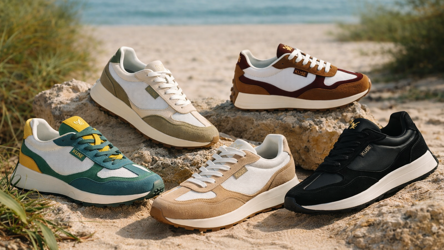 Imagen portada kuse modelos negro, tierra, grises, azul, verde, mostaza, fondo sobre roca y mar de fondo 