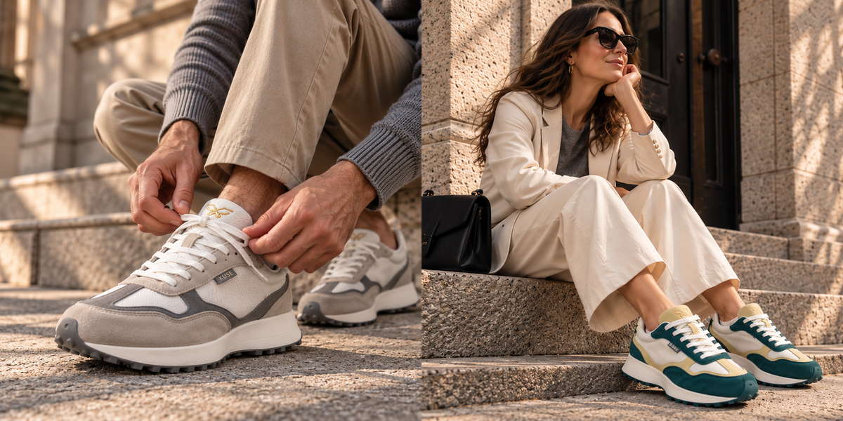 Hombre ajustándose las zapatillas KUSE KOVA SÍLEX de serraje gris y mujer con zapatillas KUSE SENDA verdes, en un entorno urbano.