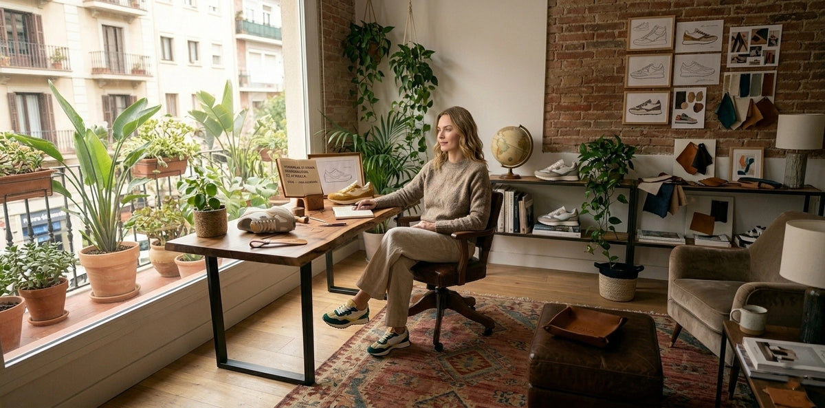 Diseñadora trabajando en un estudio creativo de zapatillas kuse con ambiente cálido, materiales naturales y sneakers artesanales.