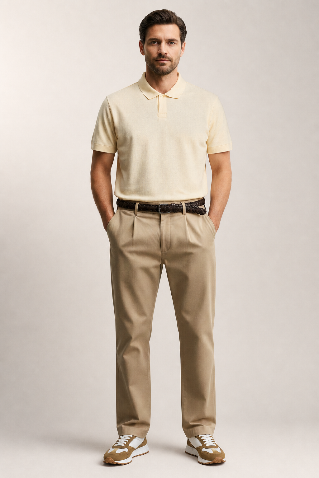 Look masculino con zapatillas casual Kuse marrones combinados, outfit minimalista con pantalón beige y polo marrón