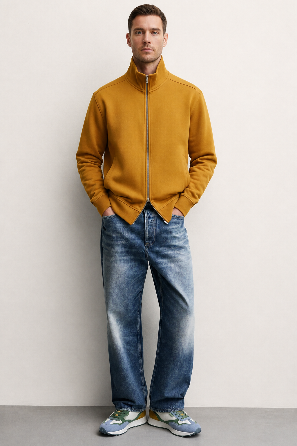 Look masculino con zapatillas casual Kuse verde azul mostaza combinadas con jeans y chaqueta mostaza