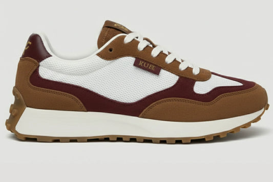 Zapatillas casual unisex Kuse marrón y burdeos vista lateral con diseño retro, malla blanca y suela dentada beige