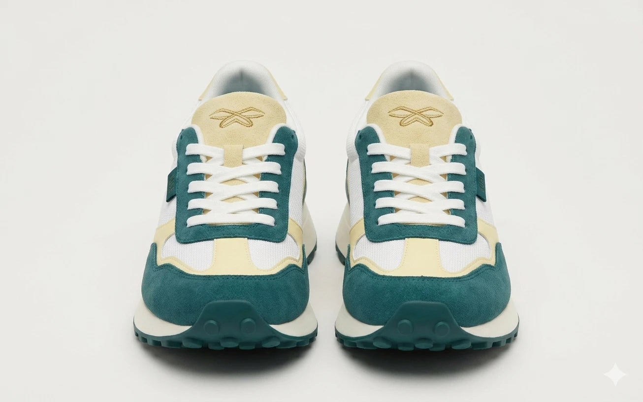 Primer plano de zapatillas deportivas KUSE verde malaquita y crema combinadas con pantalón beige.